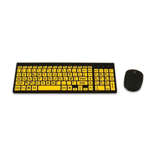 clavier malvoyant , sans fil, grosse touche , caractères noir et touches jaunes, avec souris sans fil